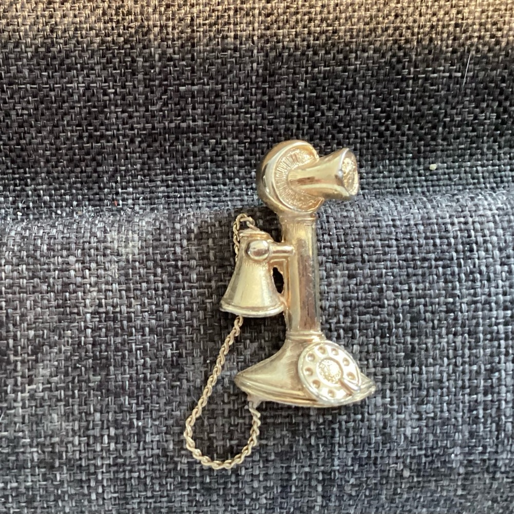 Vintage Stick Phone Brooch Gold Toned, 1 1/4” x 1/2”, with attached chain